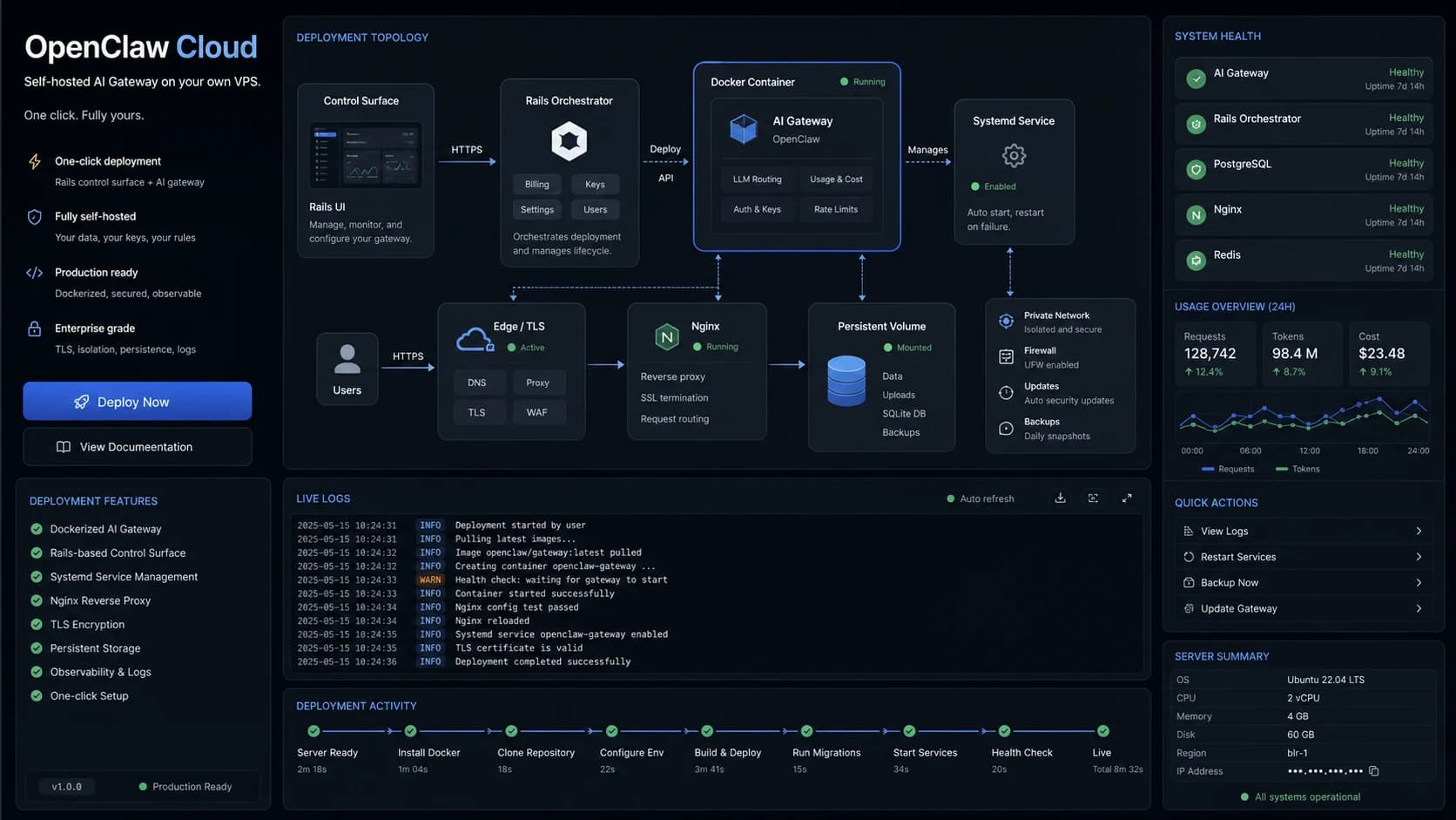 OpenClaw Cloud project cover: One-click self-hosted deploy for the OpenClaw AI gateway — built solo in an afternoon.
