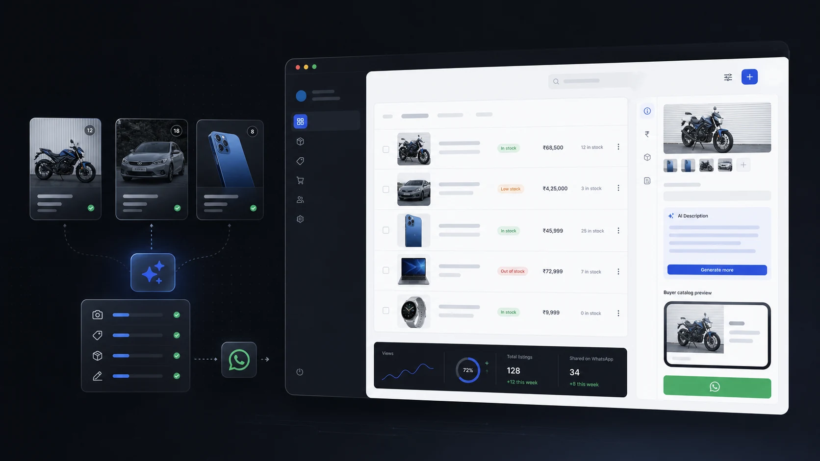 1mins.in project cover: AI-assisted product listings, stock updates, and buyer catalogs for small sellers.