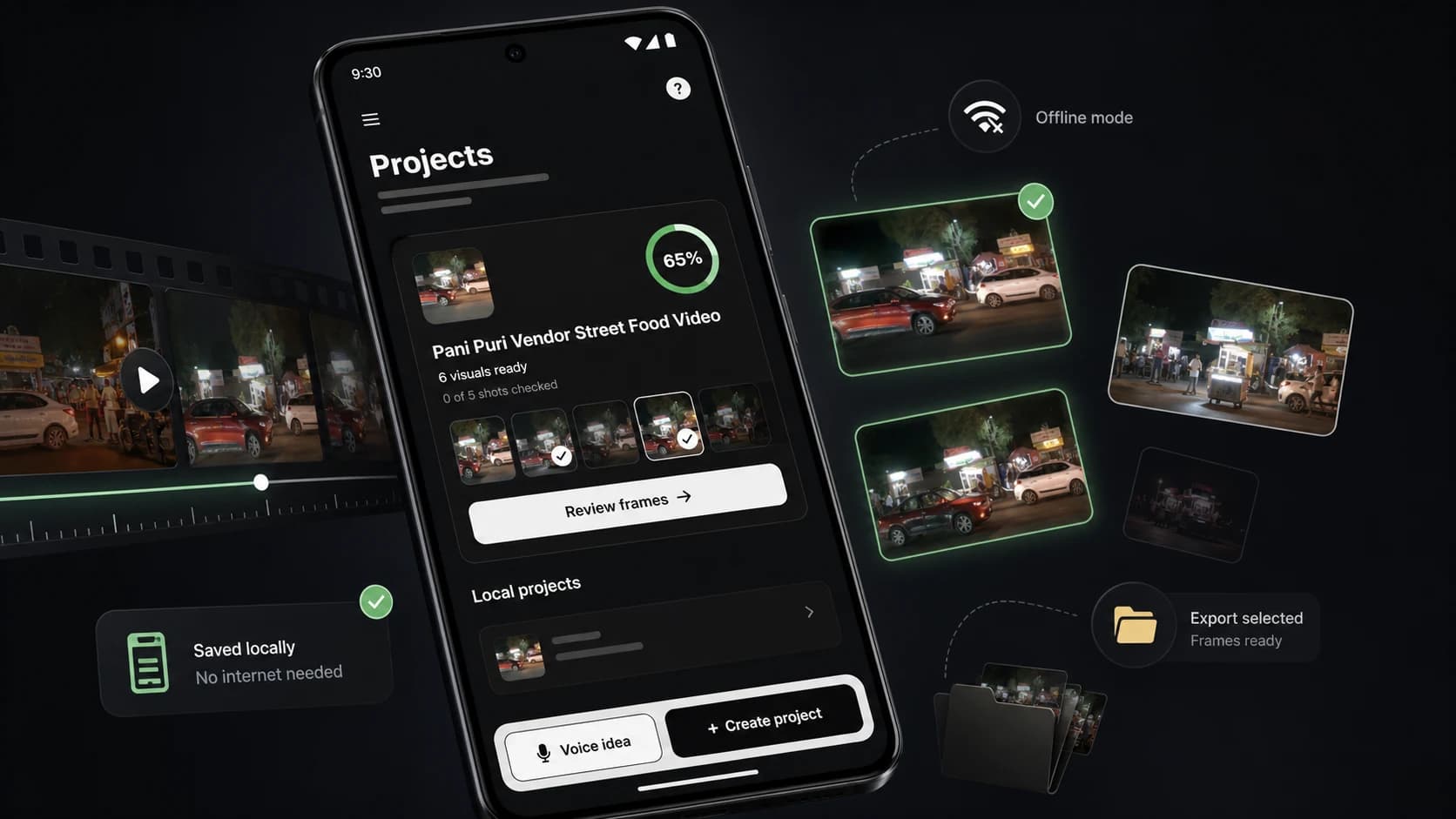 FrameStory project cover: Plan shoots, extract frames, and build the story from local video projects.